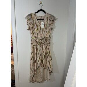 CIEBON Cream Metallic Hi-Low Dress V-Neck Ruffle Sleeve Abstract XS